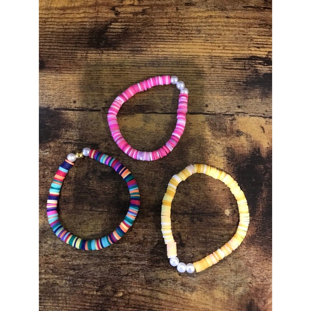 Lot of 3 Clay Bead Bracelet Kid Made Stretchy Assorted Colors